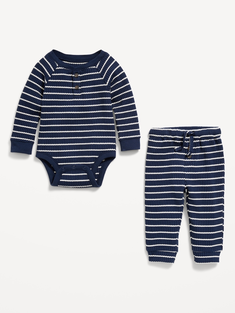 Long-Sleeve Thermal-Knit Henley Bodysuit and Pants Set for Baby