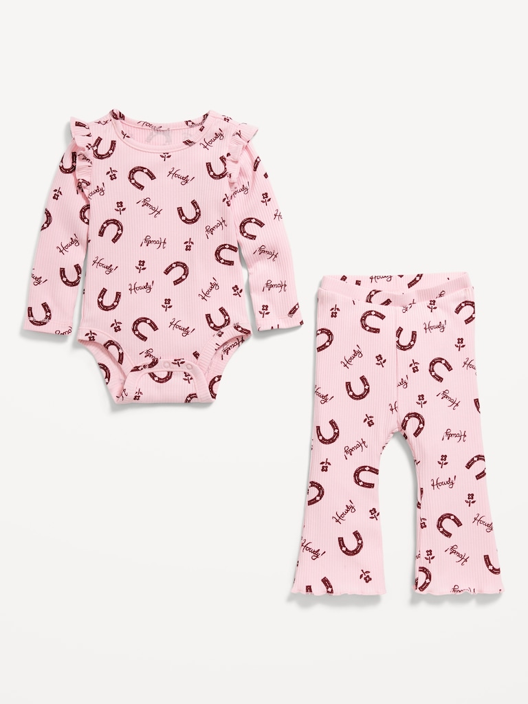 Printed Ribbed Ruffle-Trim Bodysuit and Pants Set for Baby