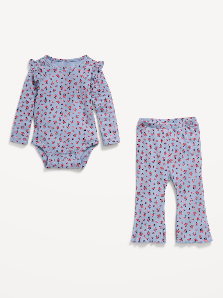 Printed Ribbed Ruffle-Trim Bodysuit and Pants Set for Baby