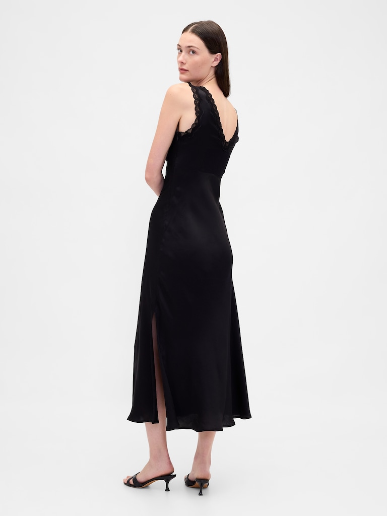 Satin Lace-Trim V-Neck Maxi Slip Dress