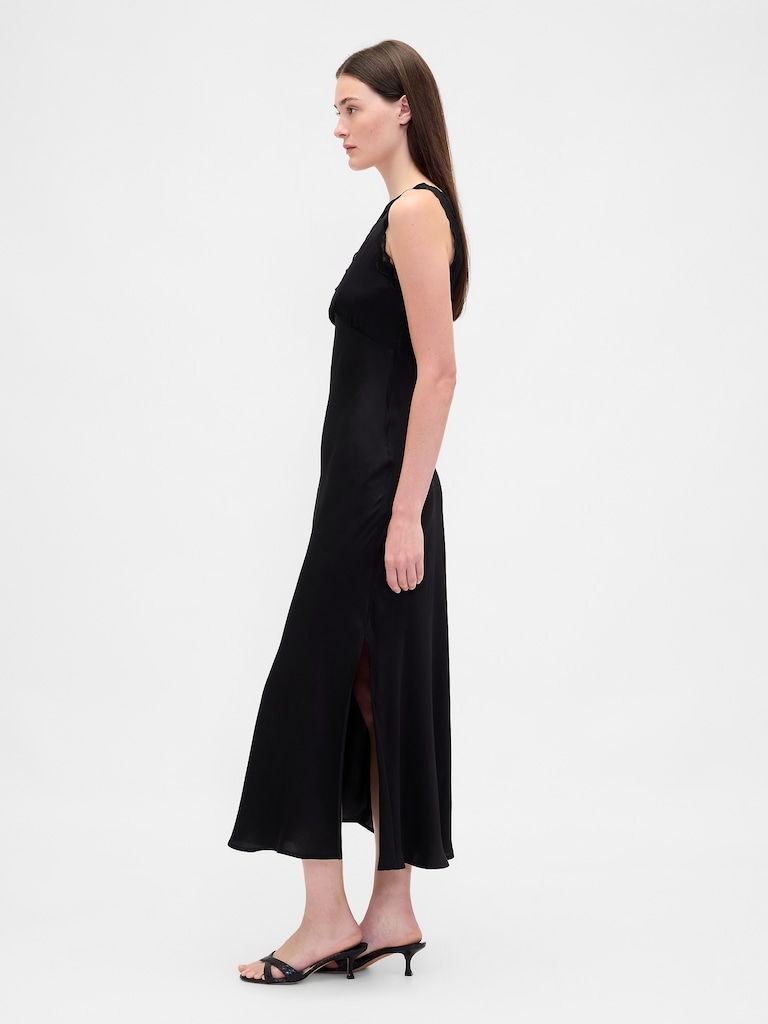 Satin Lace-Trim V-Neck Maxi Slip Dress