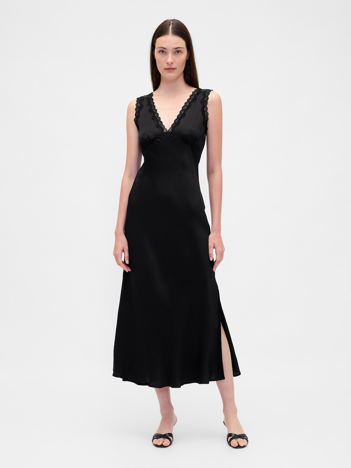 Satin Lace-Trim V-Neck Maxi Slip Dress