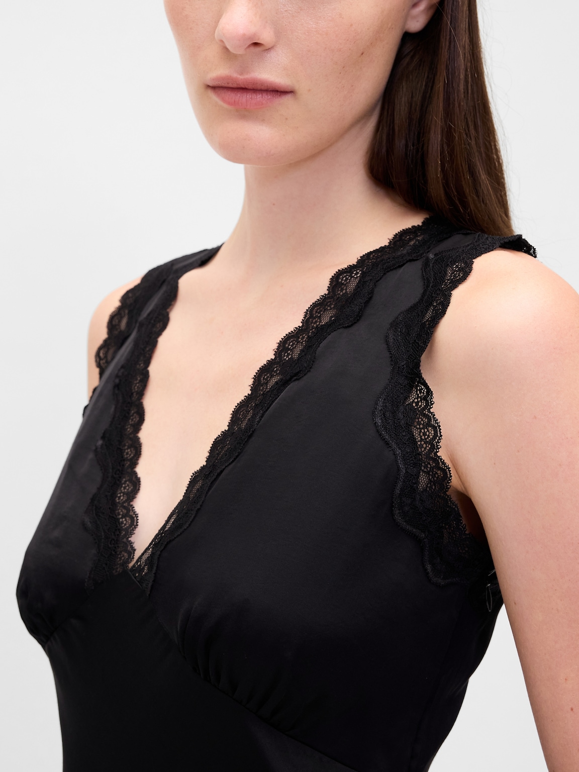 Satin Lace-Trim V-Neck Maxi Slip Dress