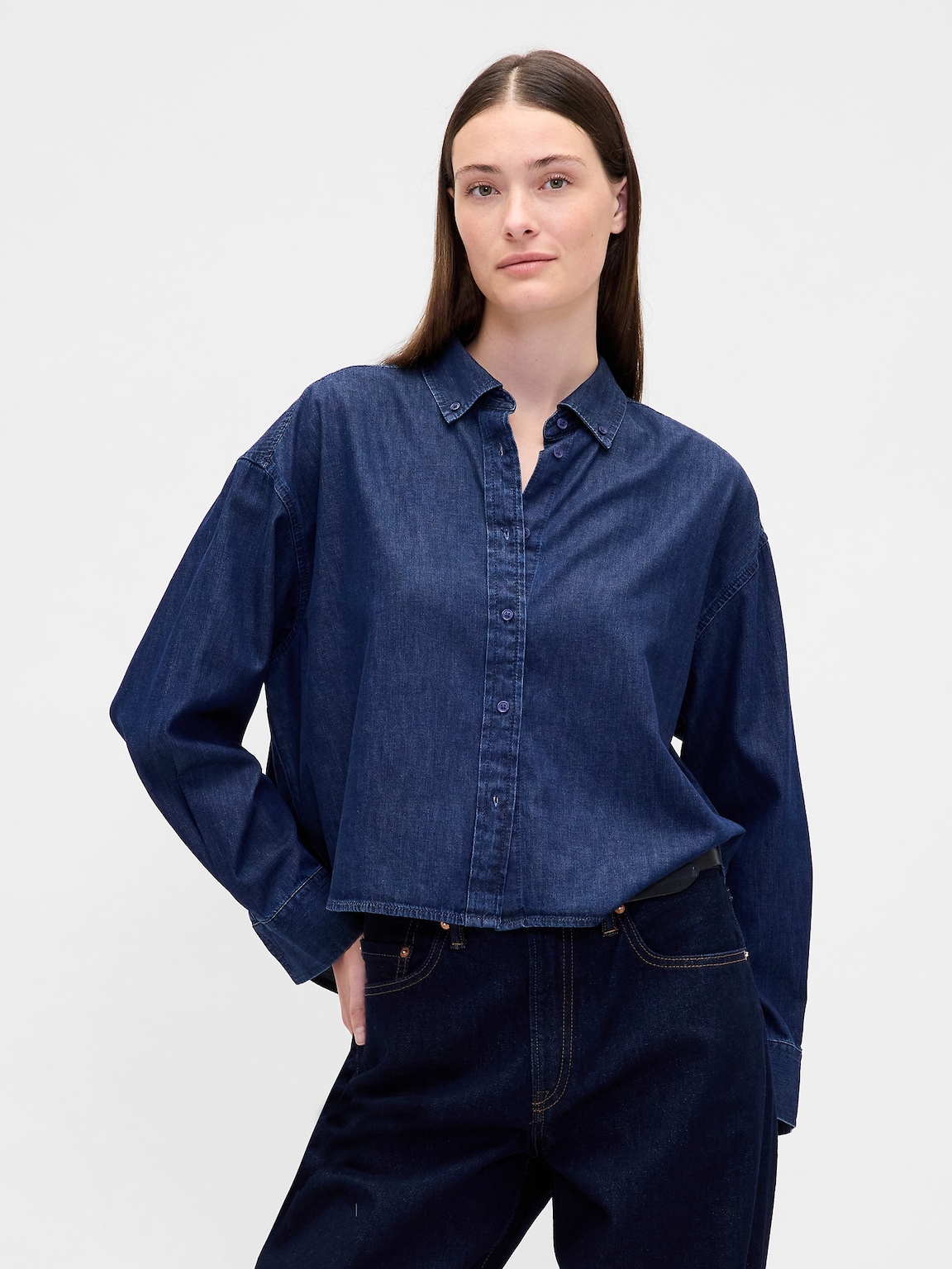 UltraSoft Denim Straight-Hem Crop Shirt