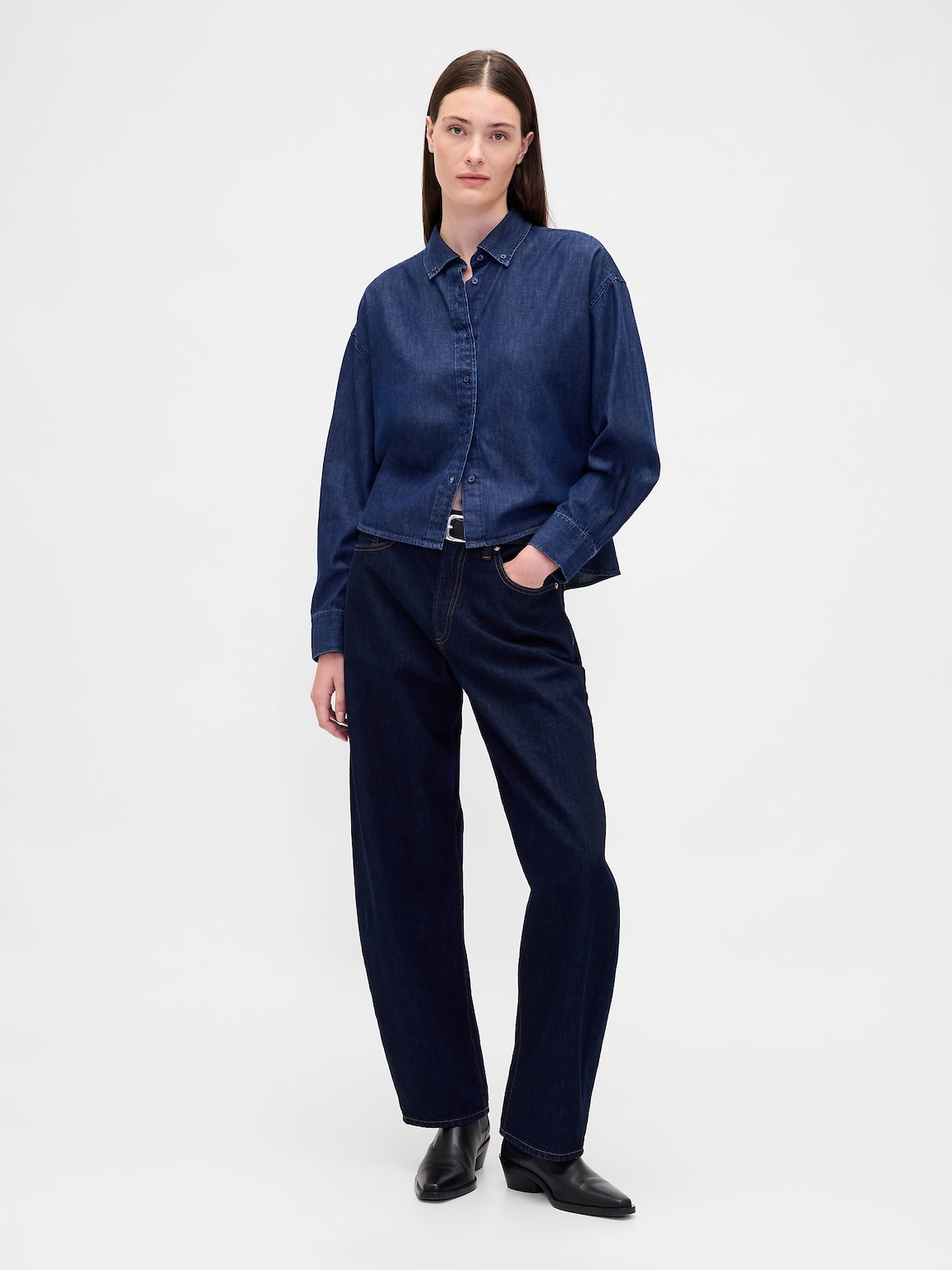 UltraSoft Denim Straight-Hem Crop Shirt