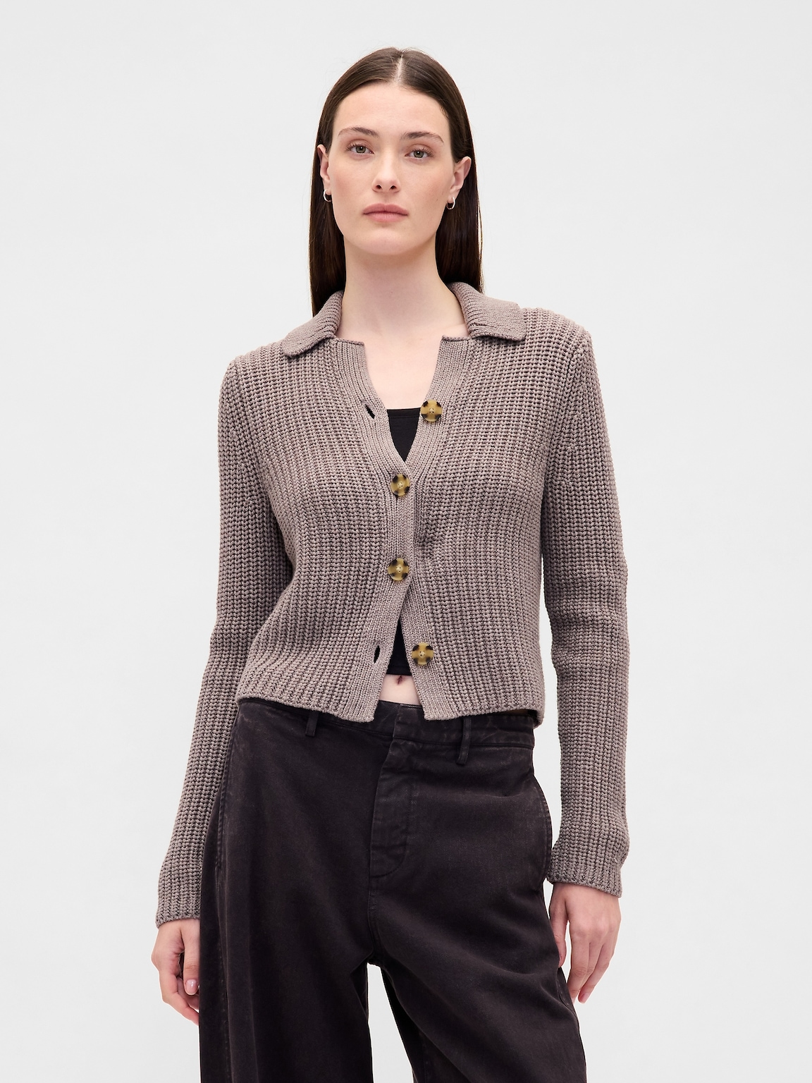 100% Cotton Collared Crop Cardigan Sweater