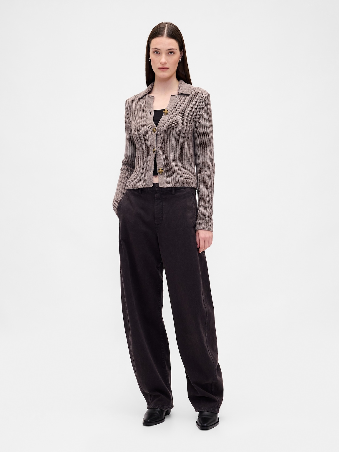 100% Cotton Collared Crop Cardigan Sweater