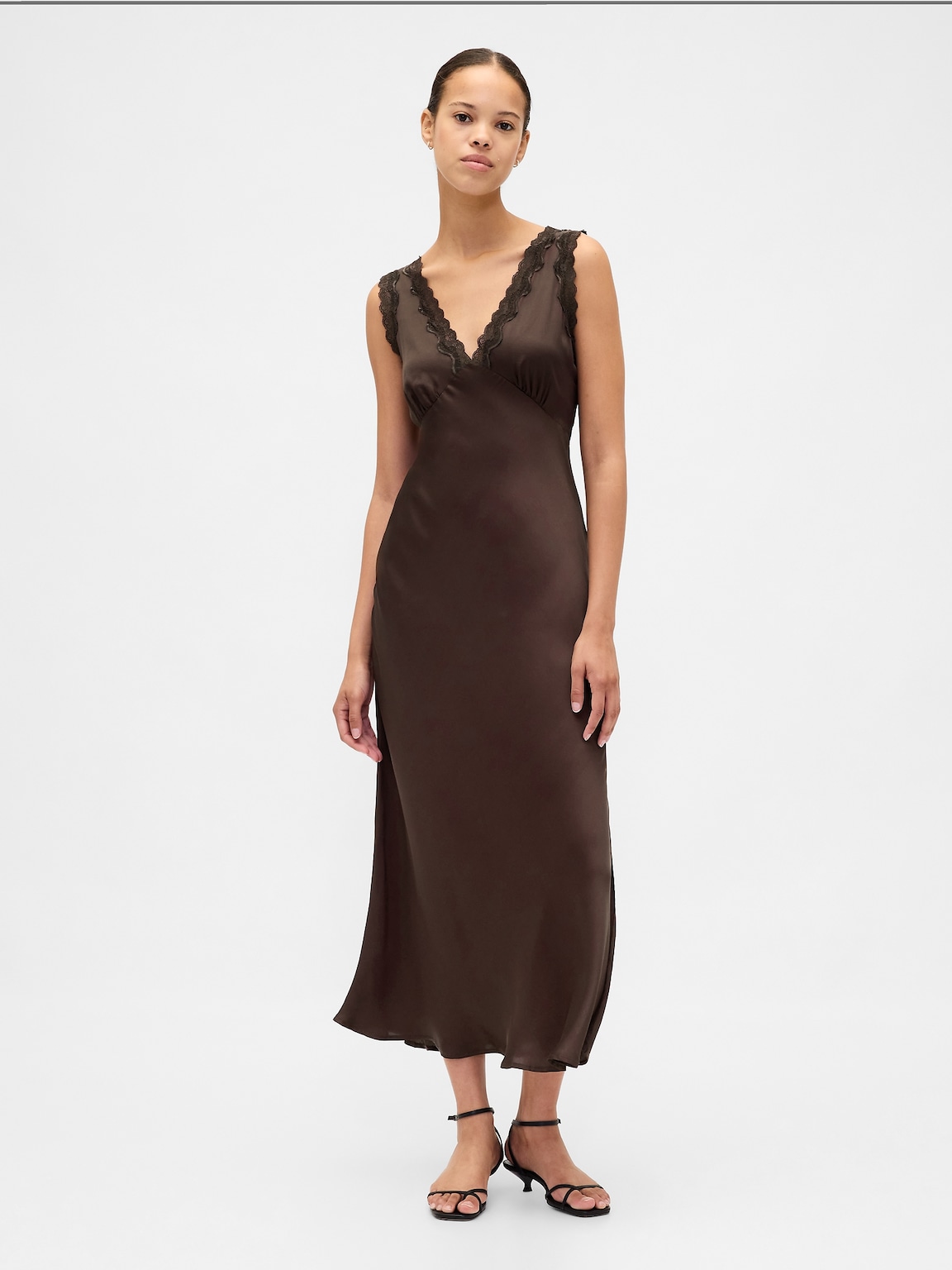 Satin Lace-Trim V-Neck Maxi Slip Dress