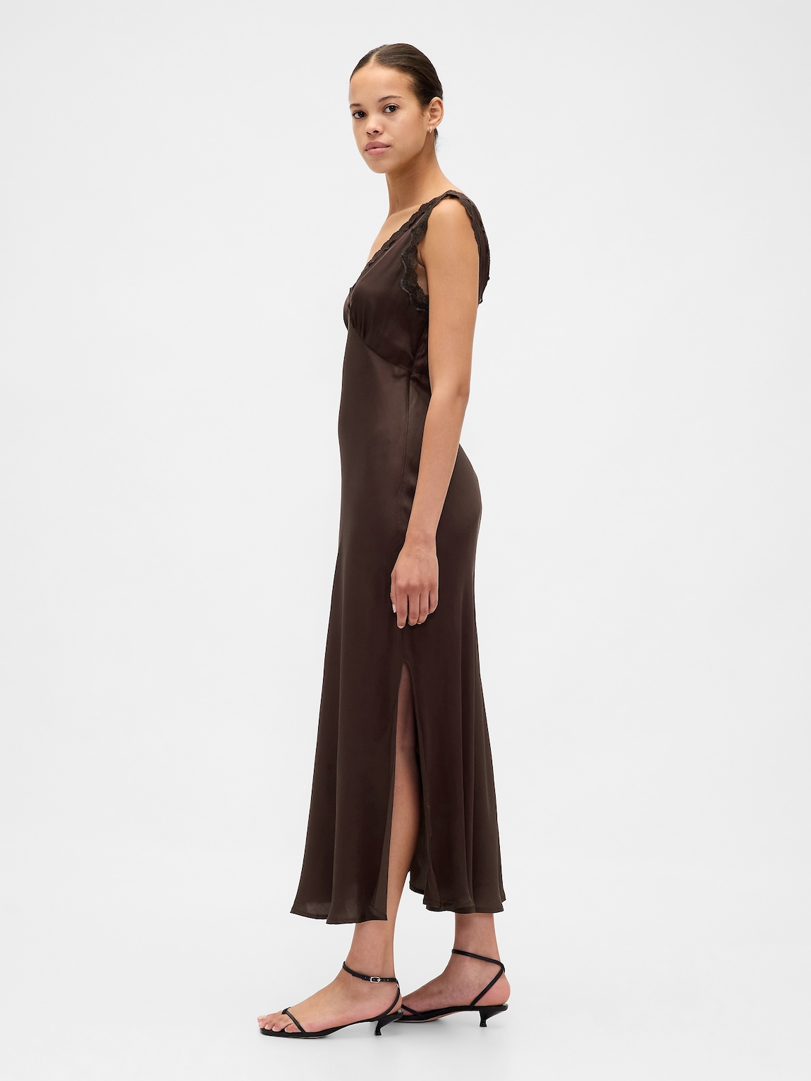 Satin Lace-Trim V-Neck Maxi Slip Dress