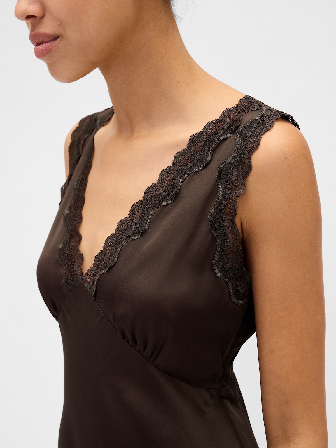Satin Lace-Trim V-Neck Maxi Slip Dress