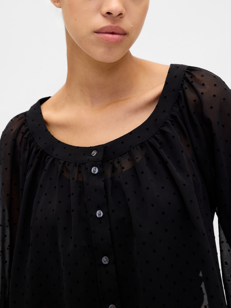 Recycled Sheer Button-Front Top
