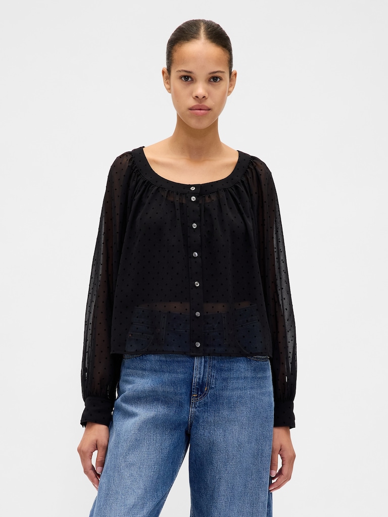 Recycled Sheer Button-Front Top