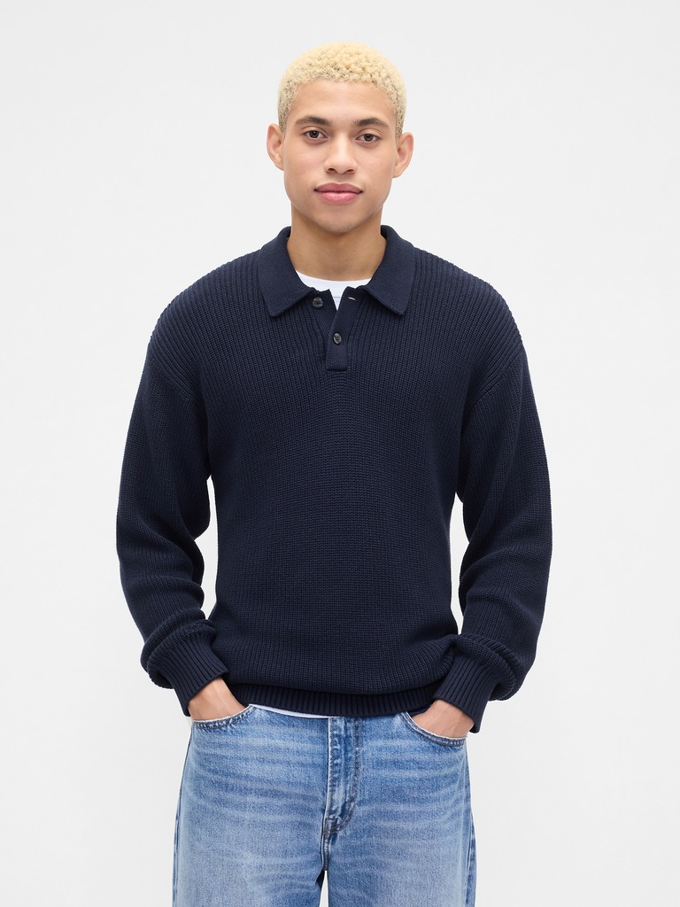 Relaxed Ribbed Sweater Polo Shirt