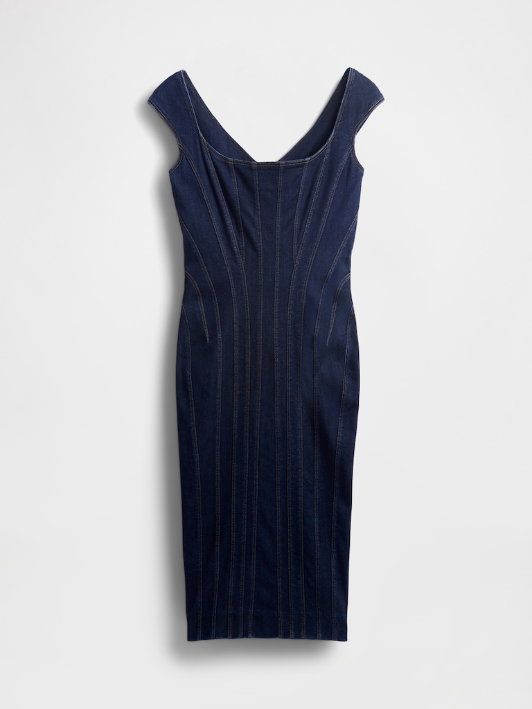 GapStudio Seamed Denim Cap-Sleeve Midi Dress
