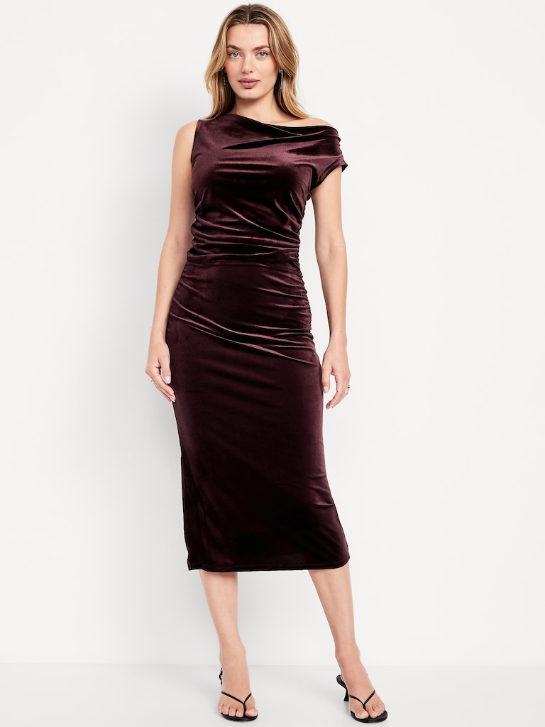 High-Waisted Ruched Velvet Midi Skirt