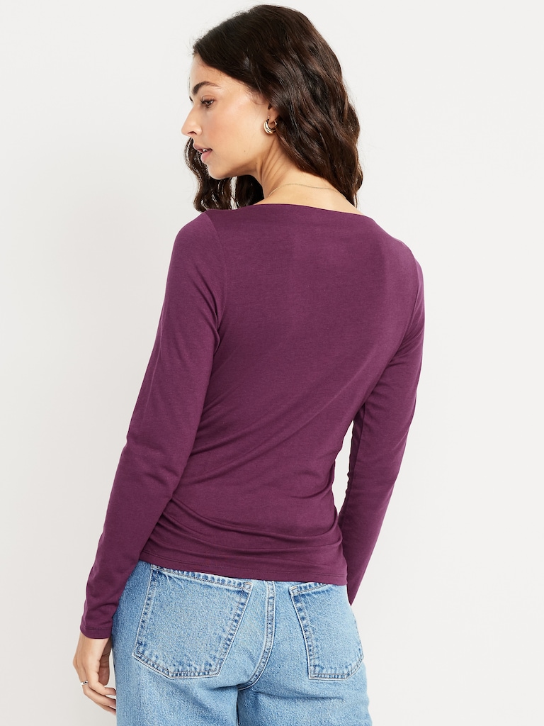 Long-Sleeve Slit-Neck Ruched Top
