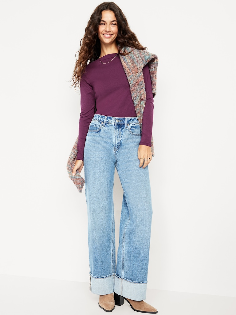 Long-Sleeve Slit-Neck Ruched Top