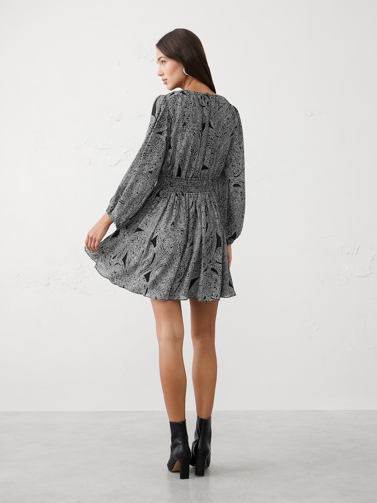 Smocked Volume-Sleeve Mini Fit-and-Flare Dress