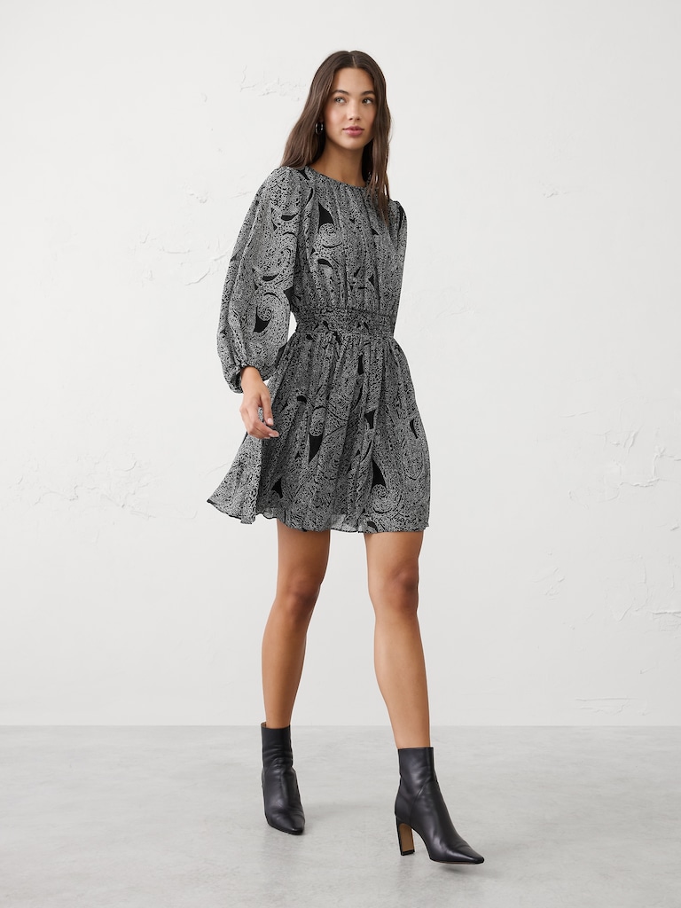 Smocked Volume-Sleeve Mini Fit-and-Flare Dress