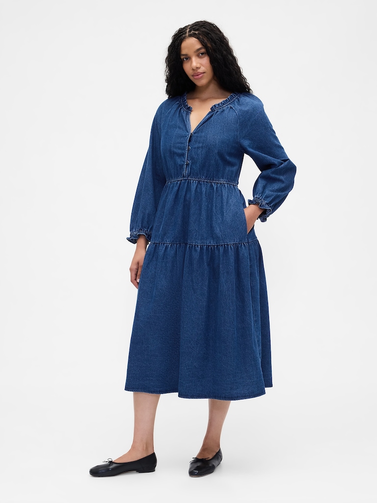 Tiered Denim Western Midi Dress