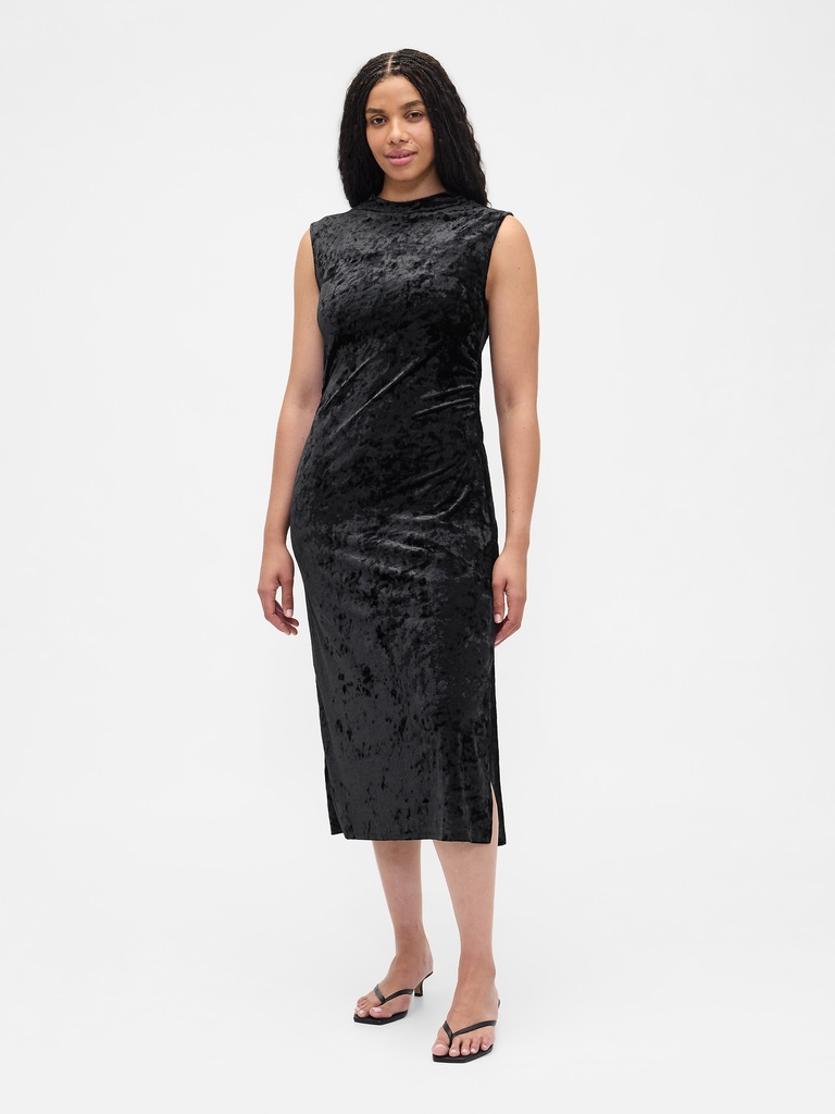 Ruched Velvet Mockneck Midi Dress