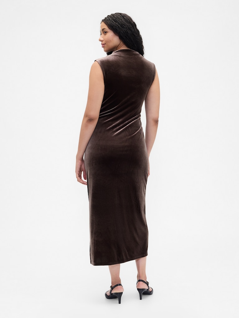 Ruched Velvet Mockneck Midi Dress