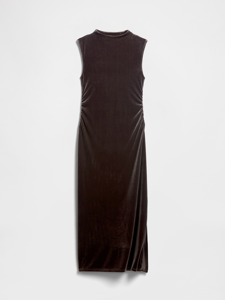 Ruched Velvet Mockneck Midi Dress