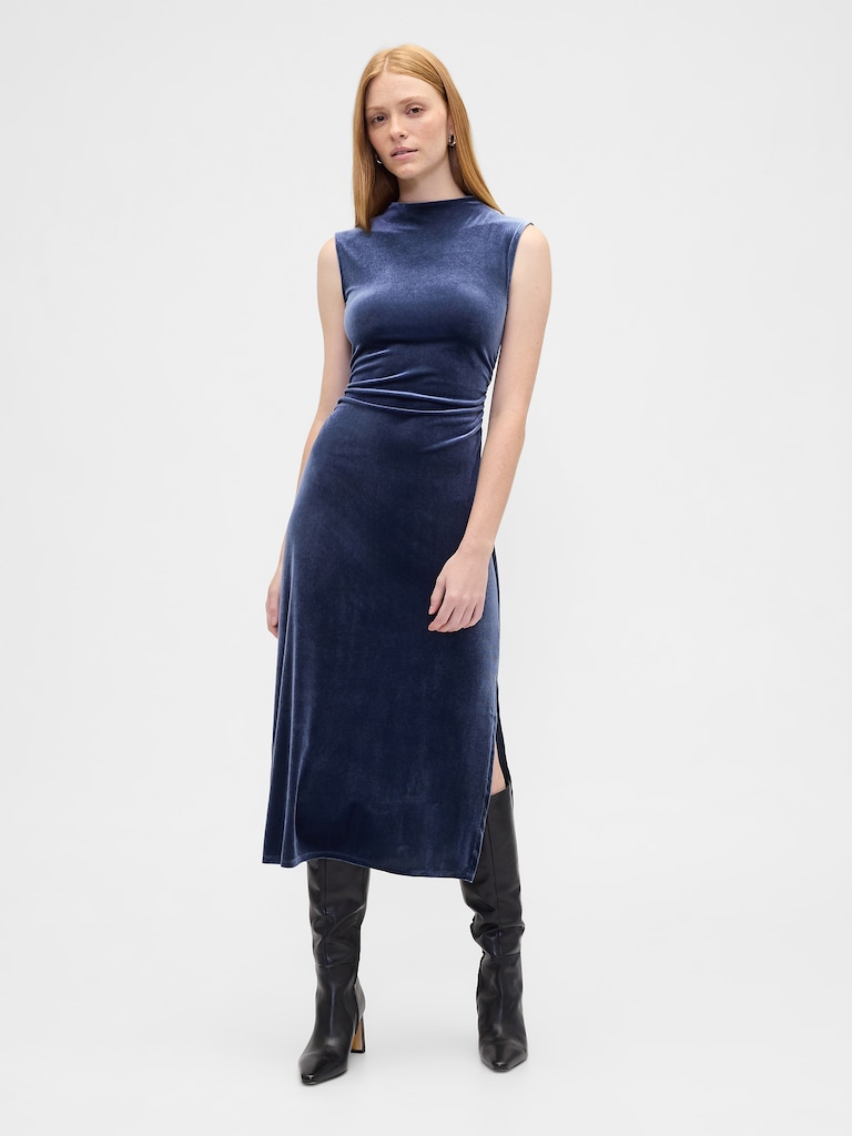 Ruched Velvet Mockneck Midi Dress