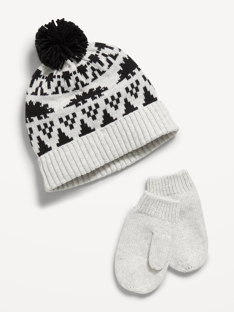Pom-Pom Beanie and Mittens Set for Toddler Boys