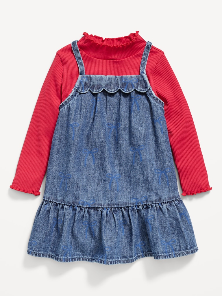 Mock-Neck Ribbed T-Shirt and Tiered Chambray Dress Set for Baby