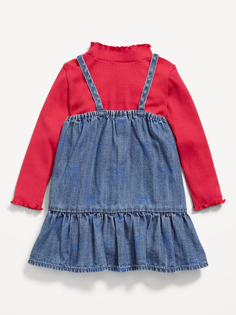 Mock-Neck Ribbed T-Shirt and Tiered Chambray Dress Set for Baby