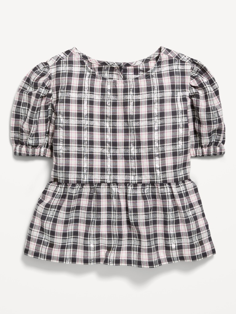 Puff-Sleeve Plaid Peplum Top for Toddler Girls