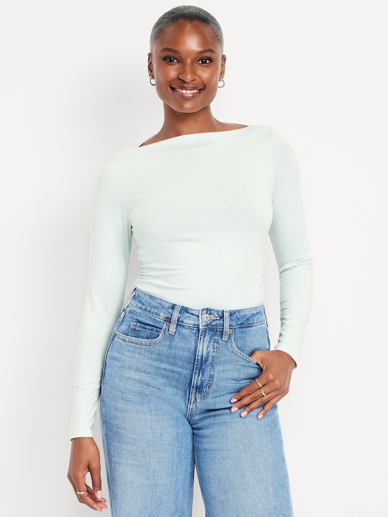 Long-Sleeve Slit-Neck Ruched Top