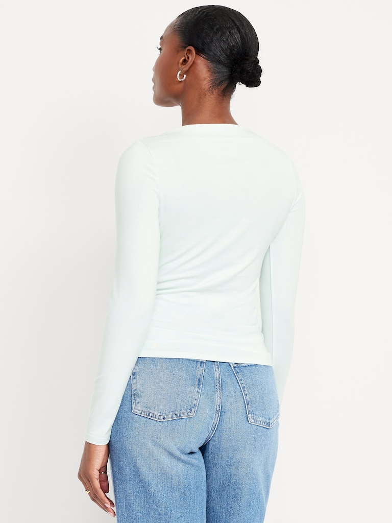 Long-Sleeve Slit-Neck Ruched Top