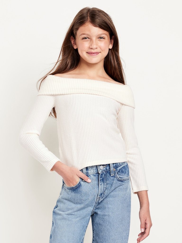 CozePlush Off-Shoulder Long-Sleeve Ribbed Top for Girls