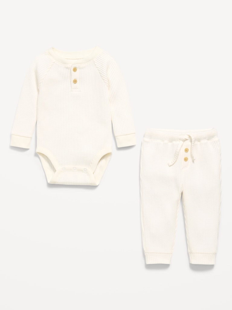 Long-Sleeve Thermal-Knit Henley Bodysuit and Pants Set for Baby