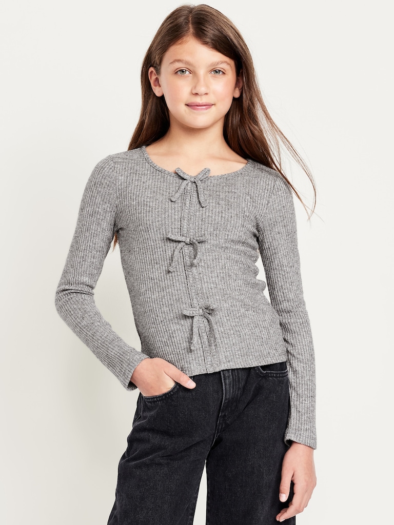 Fitted Long-Sleeve Ribbed Bow-Tie Top for Girls