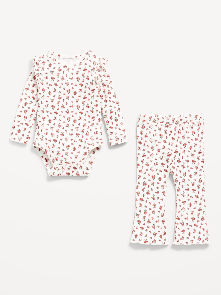 Printed Ribbed Ruffle-Trim Bodysuit and Pants Set for Baby