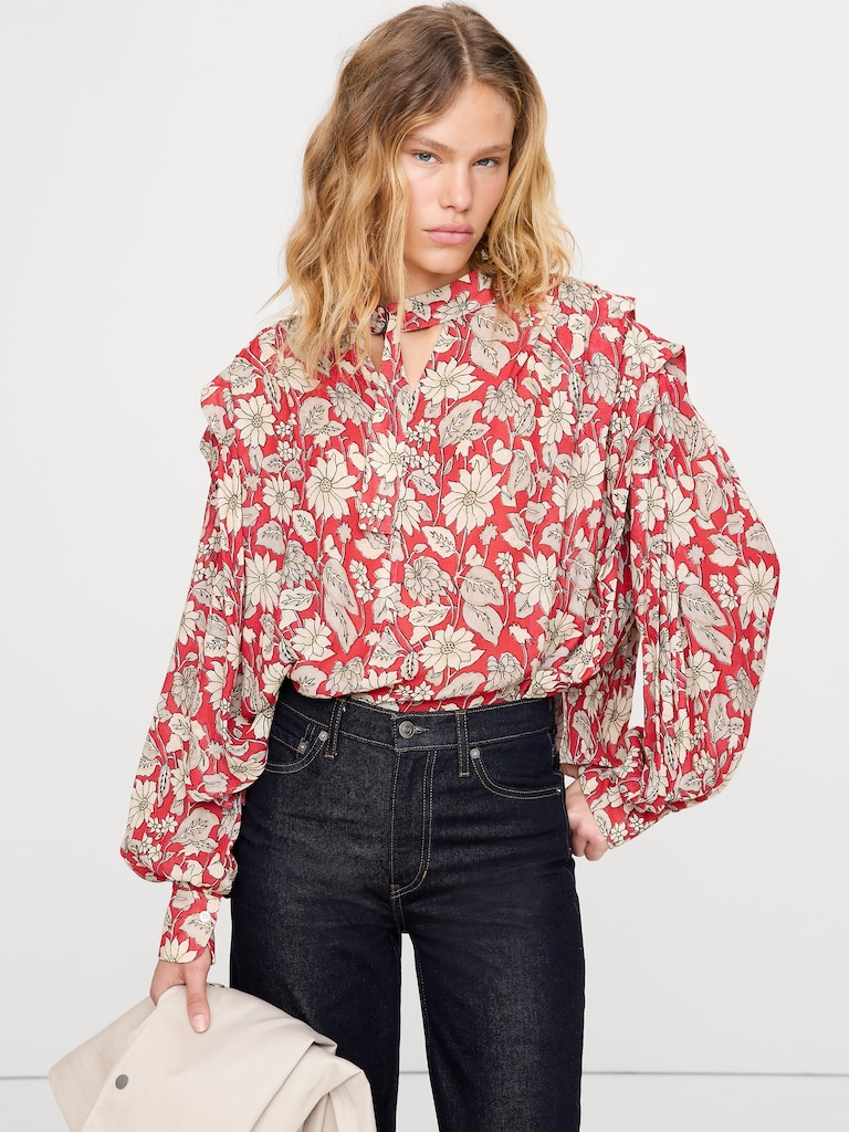 Sheer Pleat-Shoulder Top