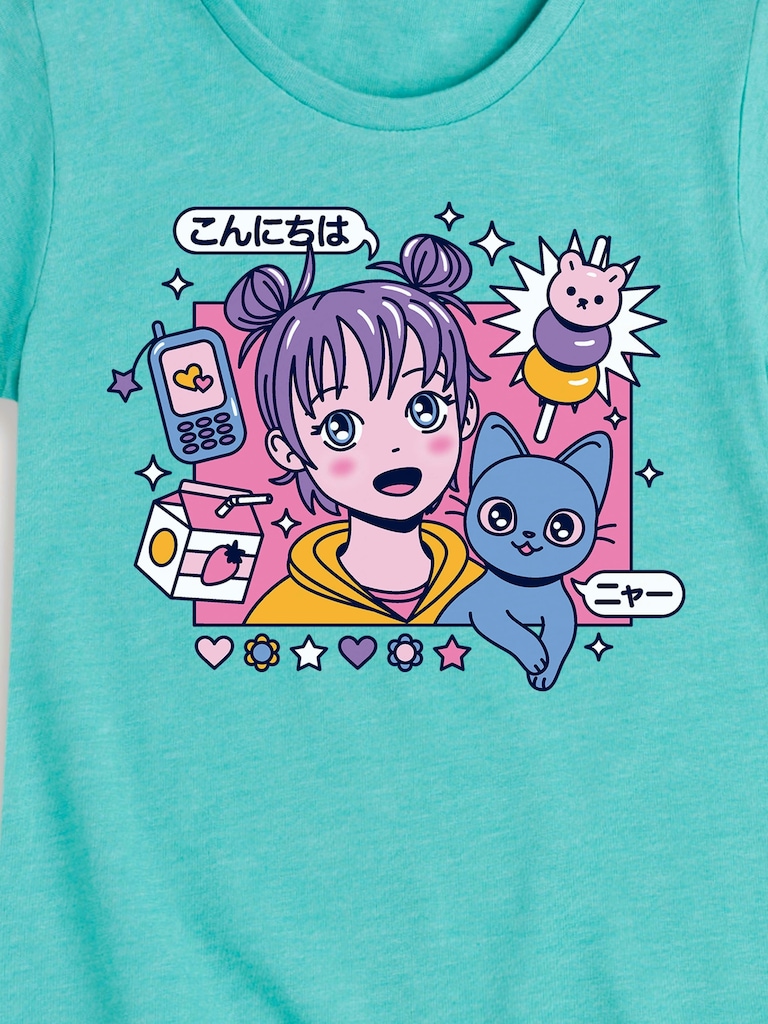 Anime Girl And Cat Fitted Short Sleeve T-Shirt For Girls