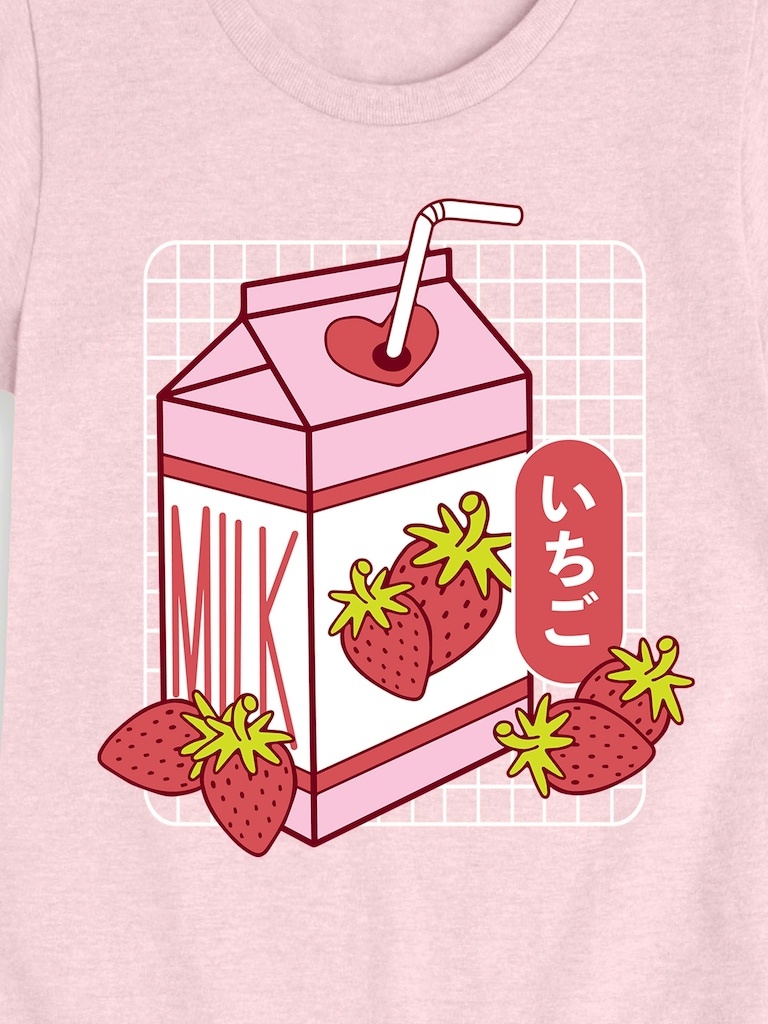 Kawaii Strawberry Milk Fitted Short Sleeve T-Shirt For Girls