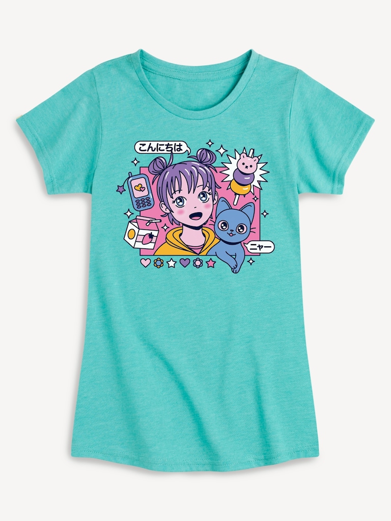 Anime Girl And Cat Fitted Short Sleeve T-Shirt For Girls