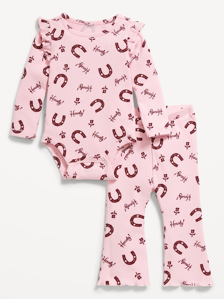 Printed Ribbed Ruffle-Trim Bodysuit and Pants Set for Baby