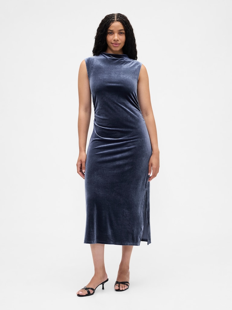 Ruched Velvet Mockneck Midi Dress