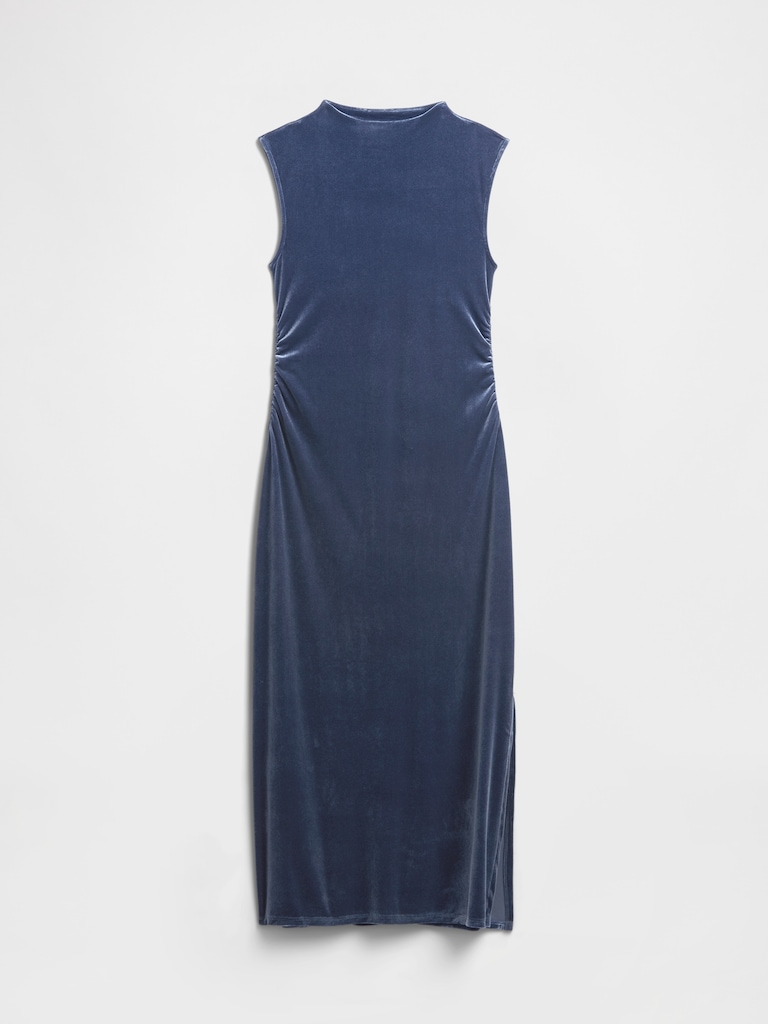 Ruched Velvet Mockneck Midi Dress