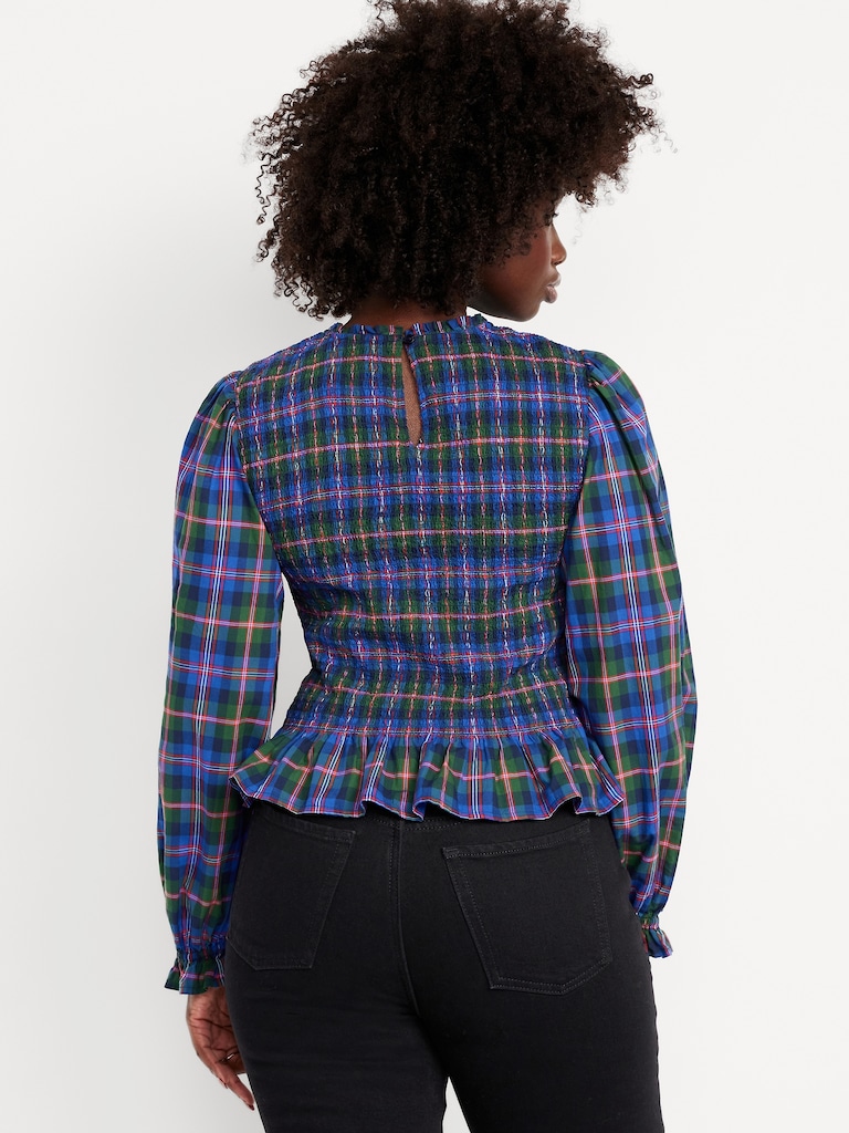 Long-Sleeve Plaid Smocked Top