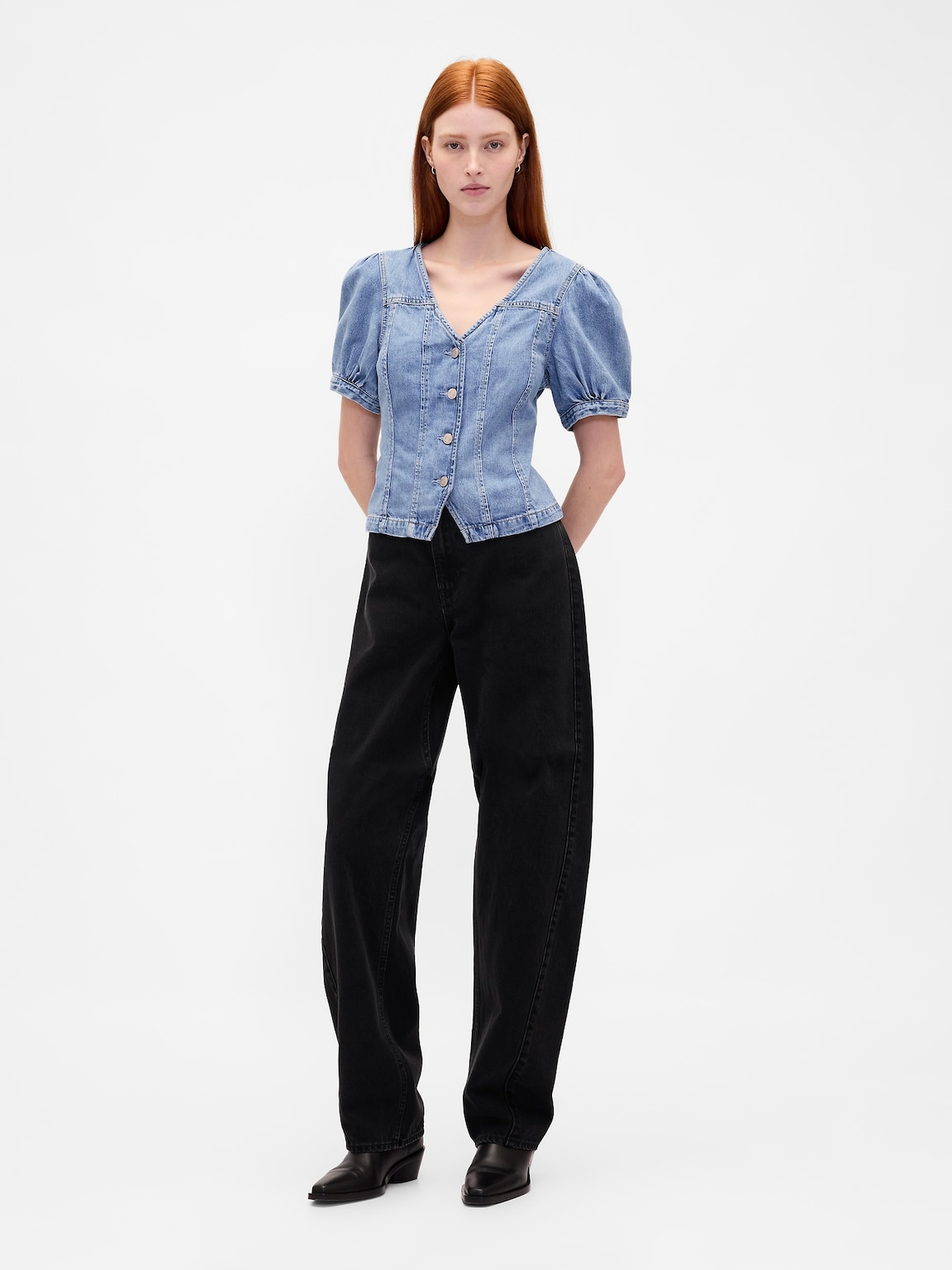 Denim Puff-Sleeve Seamed Top