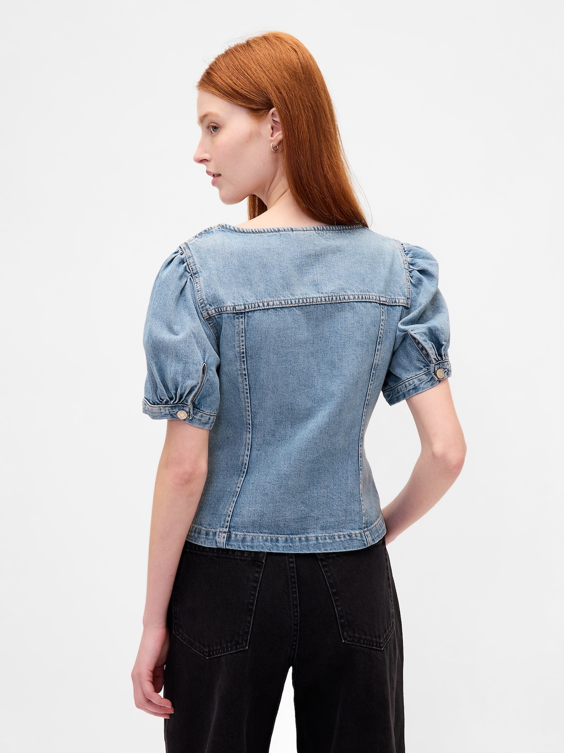 Denim Puff-Sleeve Seamed Top