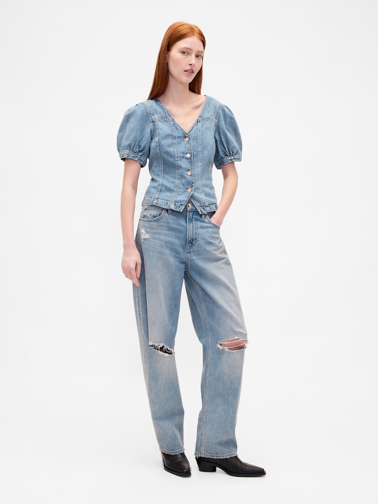Denim Puff-Sleeve Seamed Top