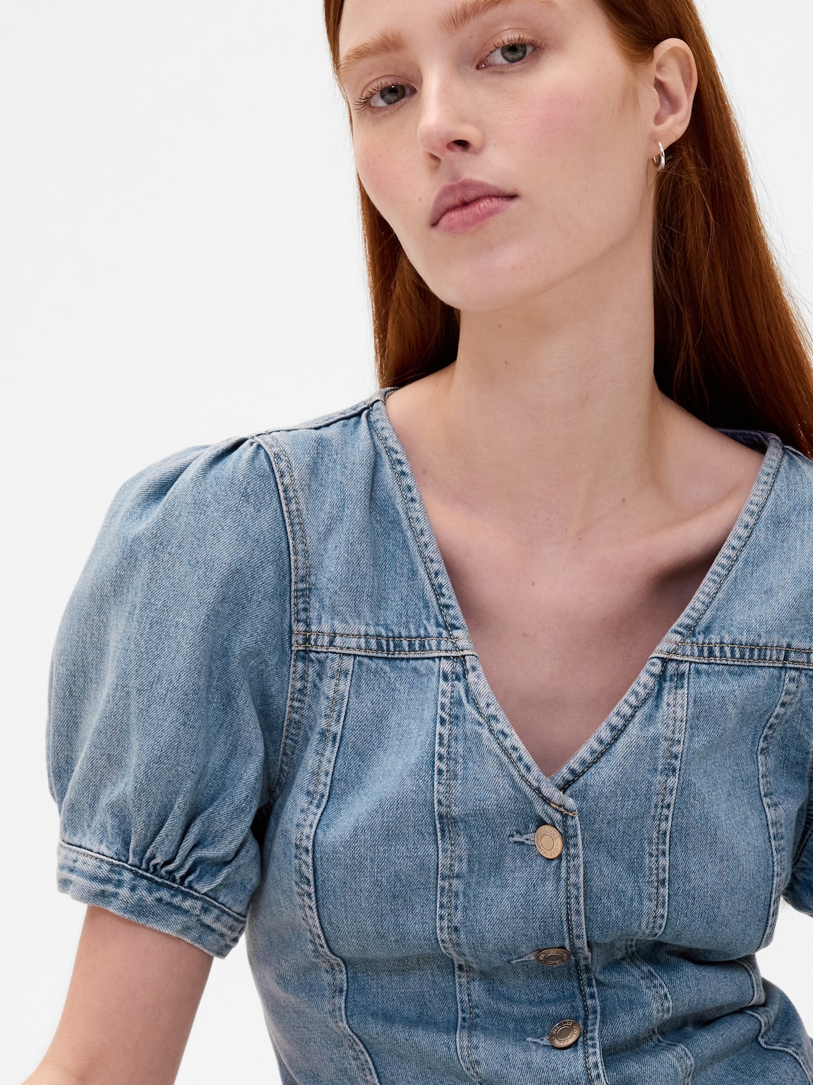 Denim Puff-Sleeve Seamed Top